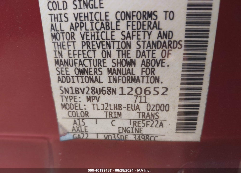2008 NISSAN QUEST 3.5 S VIN: 5N1BV28U68N120652