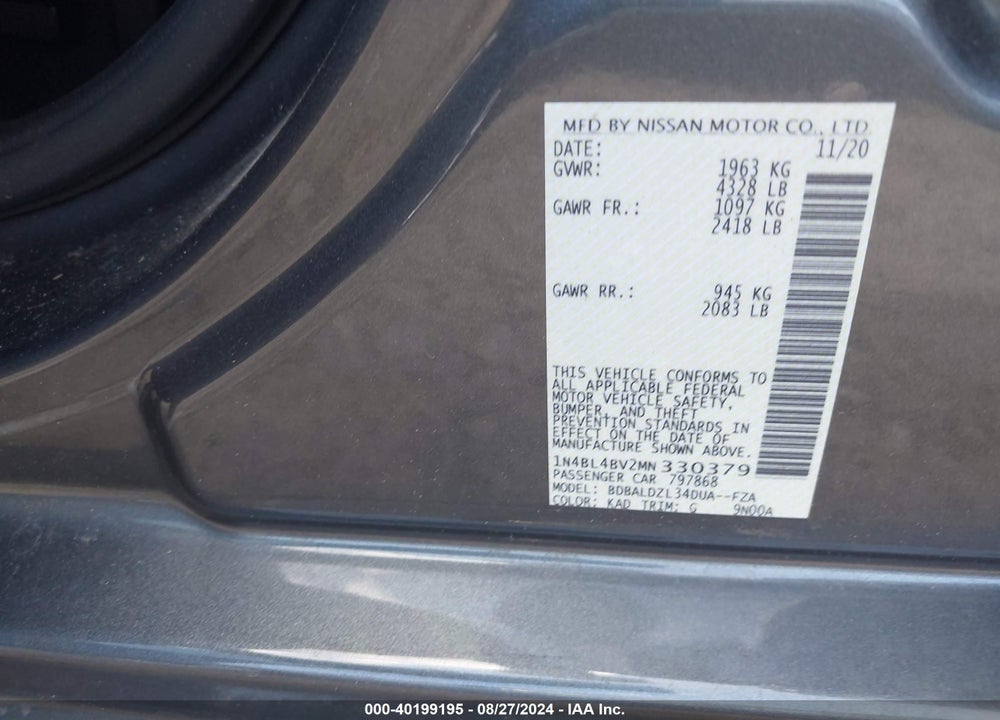2021 NISSAN ALTIMA S FWD VIN: 1N4BL4BV2MN330379