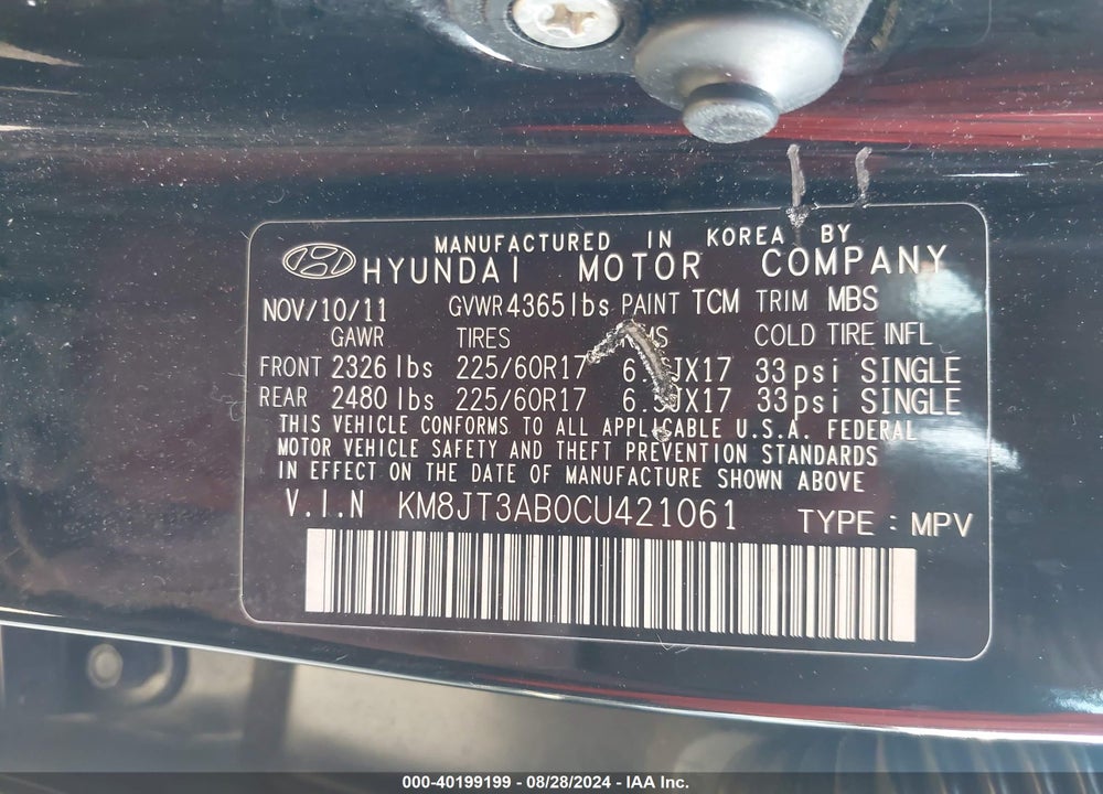 2012 HYUNDAI TUCSON VIN: KM8JT3AB0CU421061