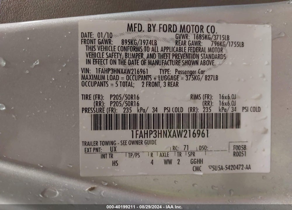 2010 FORD FOCUS SEL VIN: 1FAHP3HNXAW216961