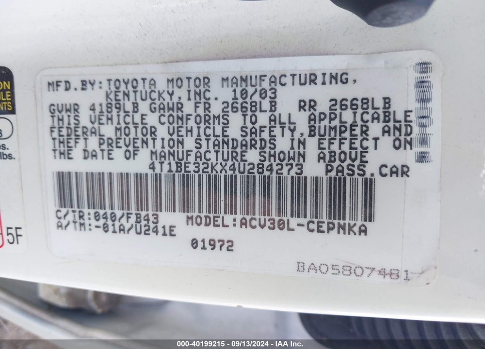 2004 TOYOTA CAMRY LE VIN: 4T1BE32KX4U284273