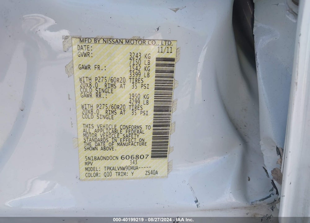 2012 NISSAN ARMADA SL VIN: 5N1BA0ND0CN606807