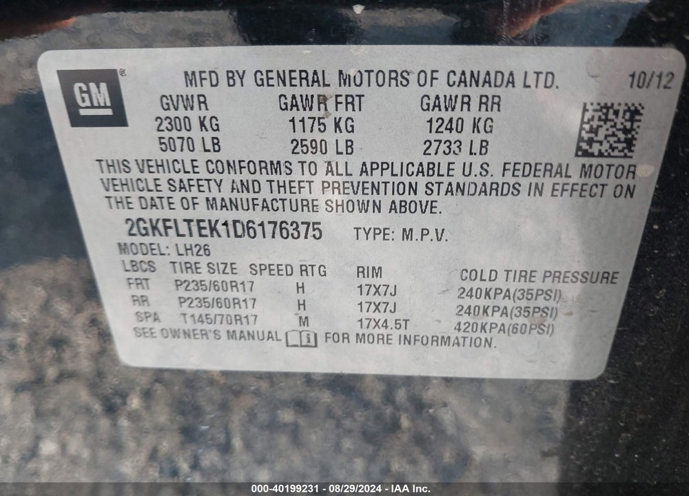 2013 GMC TERRAIN SLE-2 VIN: 2GKFLTEK1D6176375