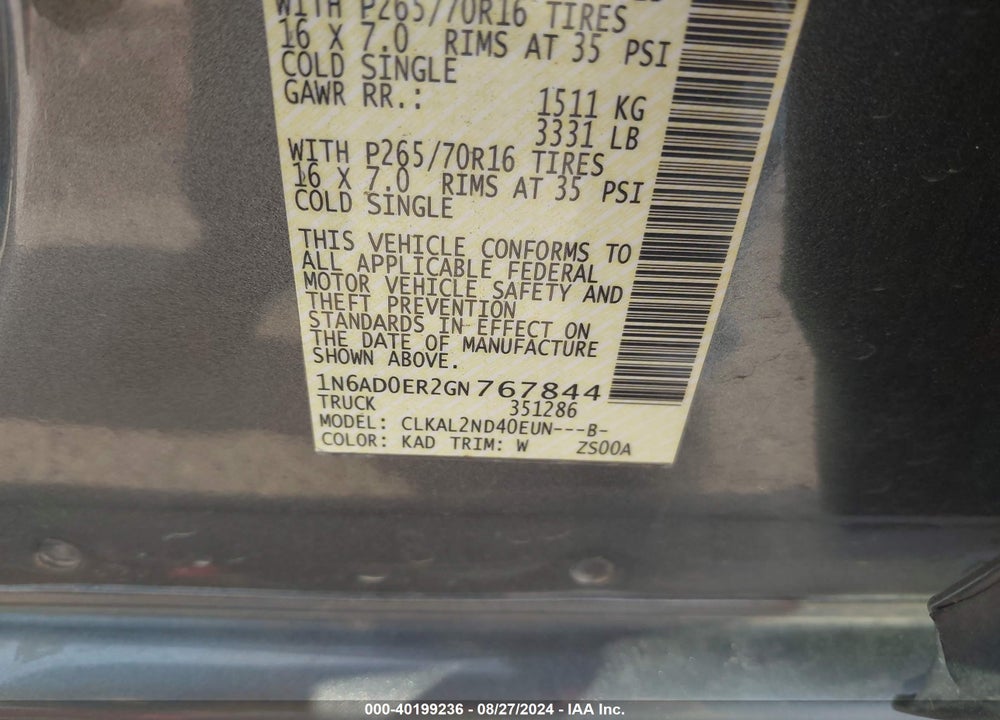 2016 NISSAN FRONTIER SV VIN: 1N6AD0ER2GN767844