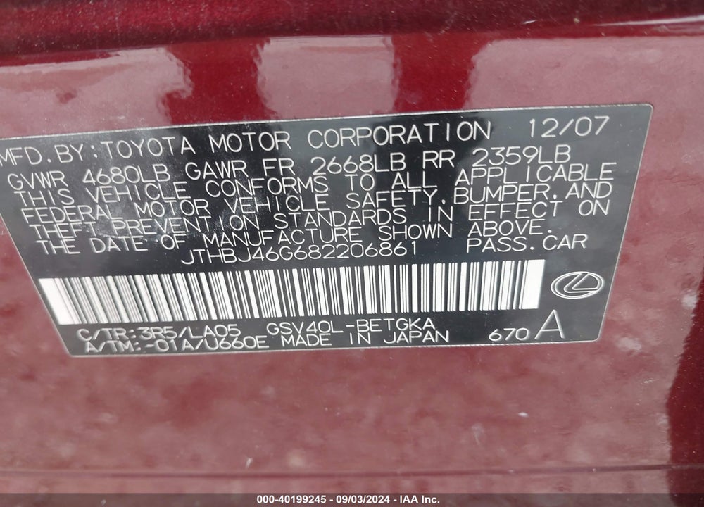 2008 LEXUS ES 350 VIN: JTHBJ46G682206861