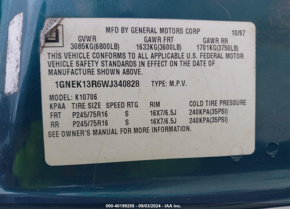 1998 CHEVROLET TAHOE LS VIN: 1GNEK13R6WJ340828