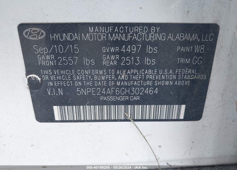 2016 HYUNDAI SONATA SE VIN: 5NPE24AF6GH302464
