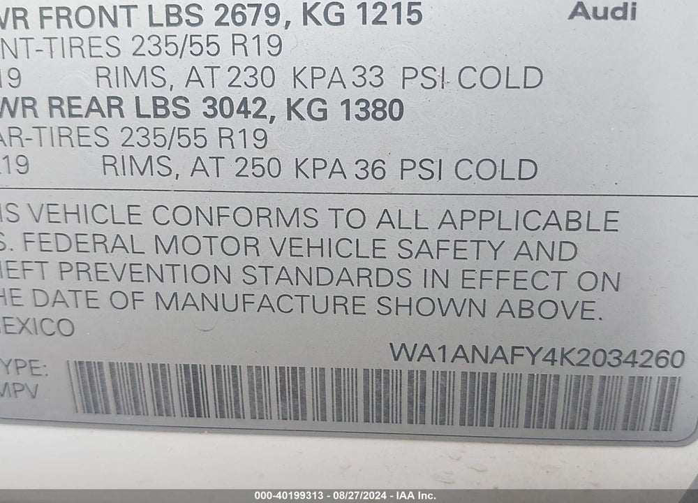 2019 AUDI Q5 45 PREMIUM VIN: WA1ANAFY4K2034260