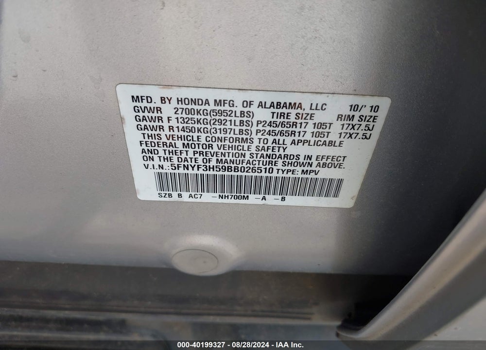 2011 HONDA PILOT EX-L VIN: 5FNYF3H59BB026510