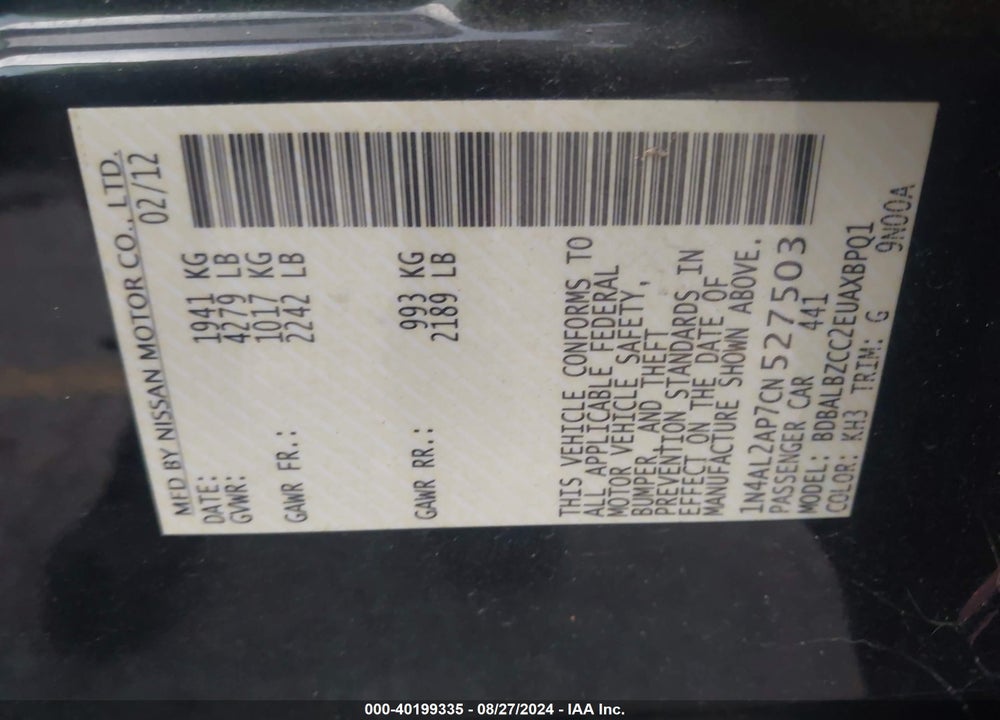 2012 NISSAN ALTIMA 2.5 S VIN: 1N4AL2AP7CN527503