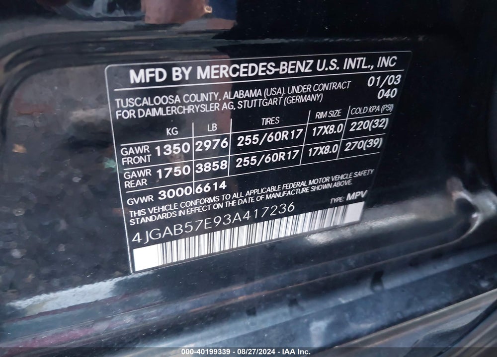 2003 MERCEDES-BENZ ML 350 VIN: 4JGAB57E93A417236
