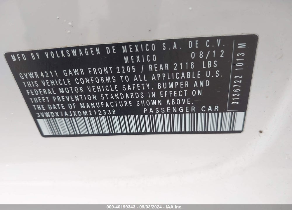 2013 VOLKSWAGEN JETTA VIN: 3VWDX7AJXDM212336