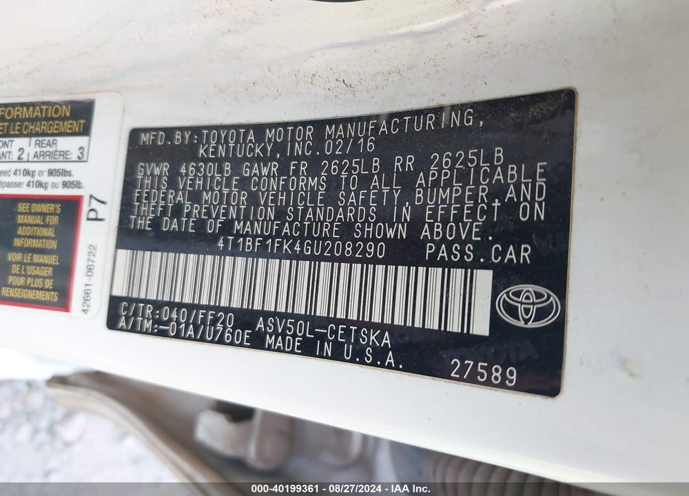 2016 TOYOTA CAMRY SE VIN: 4T1BF1FK4GU208290