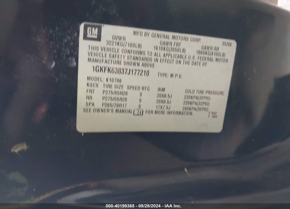 2007 GMC YUKON DENALI VIN: 1GKFK63837J177210