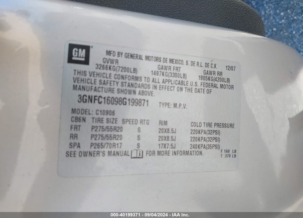2008 CHEVROLET SUBURBAN 1500 LT VIN: 3GNFC16098G199871