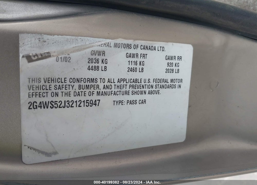 2002 BUICK CENTURY CUSTOM VIN: 2G4WS52J321215947