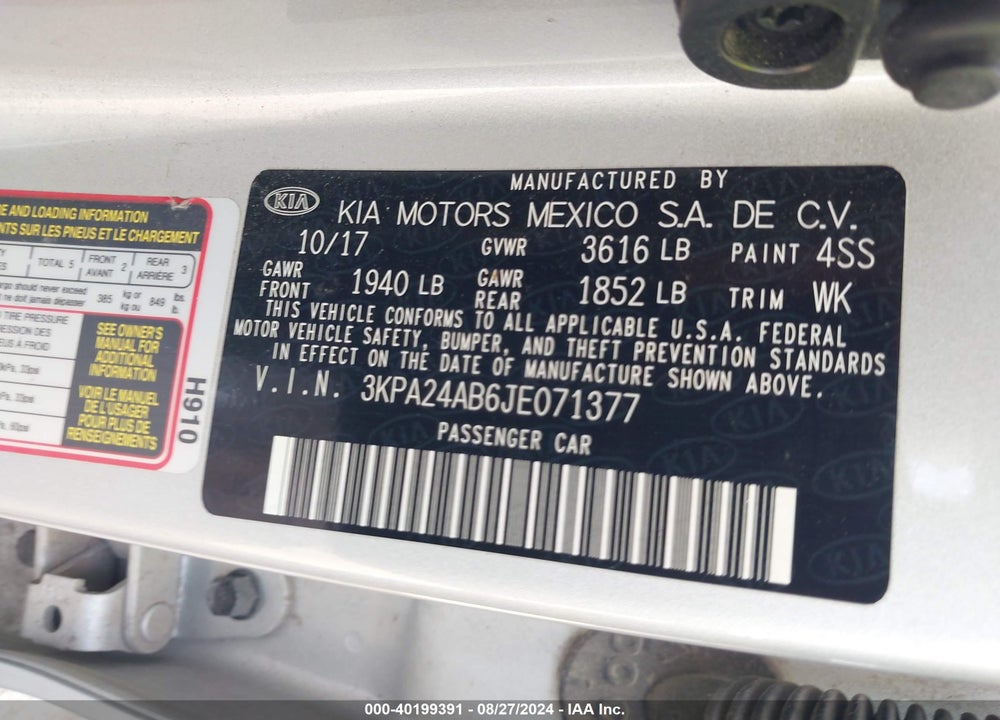 2018 KIA RIO S VIN: 3KPA24AB6JE071377
