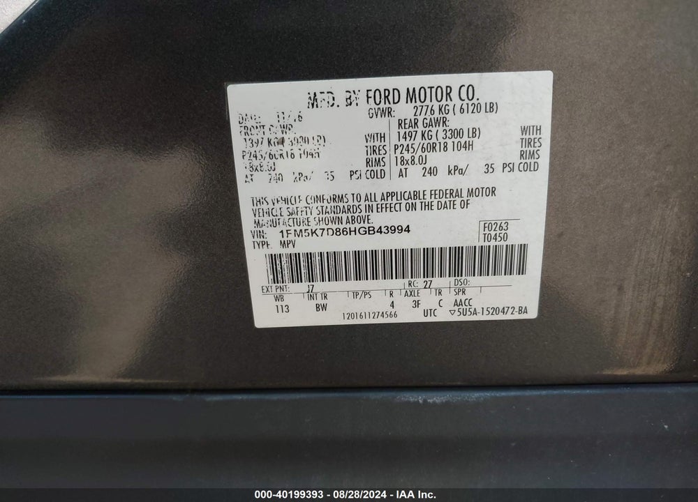 2017 FORD EXPLORER XLT VIN: 1FM5K7D86HGB43994