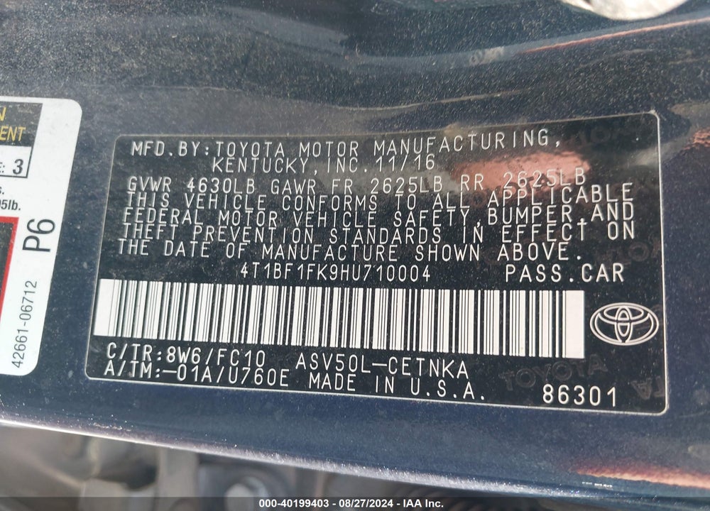 2017 TOYOTA CAMRY LE VIN: 4T1BF1FK9HU710004