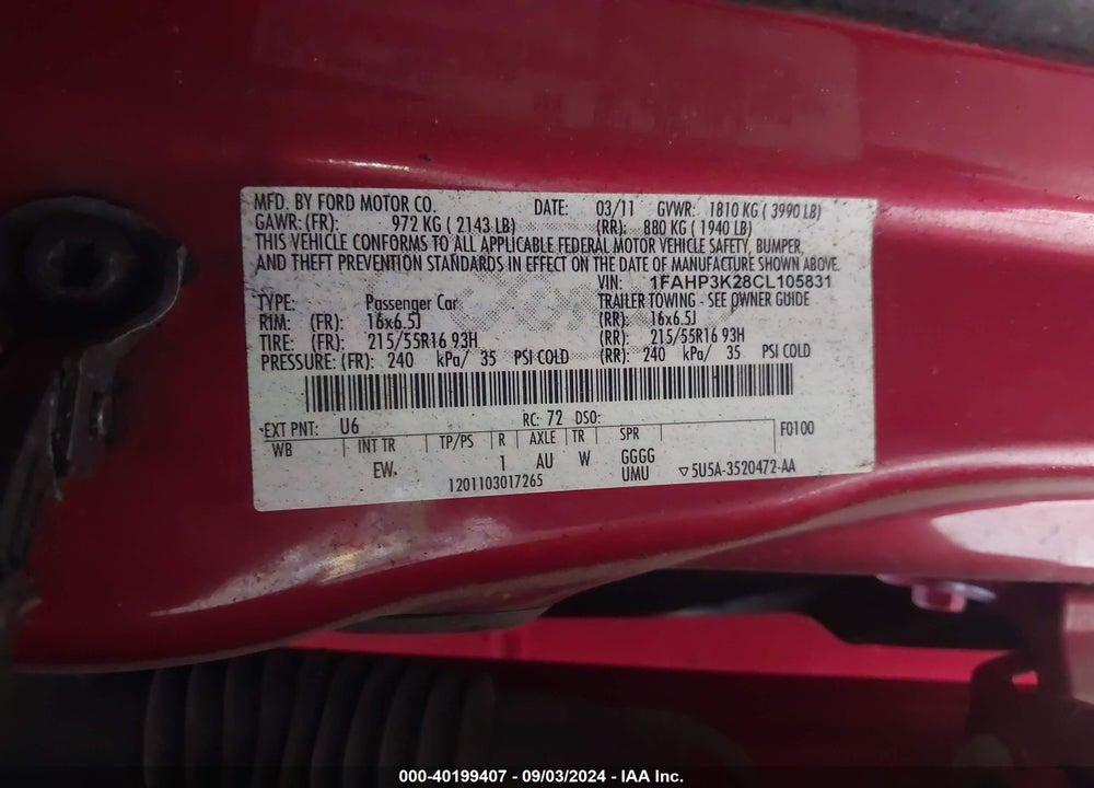 2012 FORD FOCUS SE VIN: 1FAHP3K28CL105831