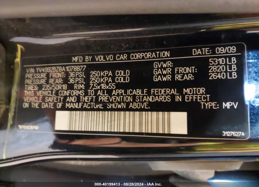2010 VOLVO XC70 T6 VIN: YV4992BZ8A1078877