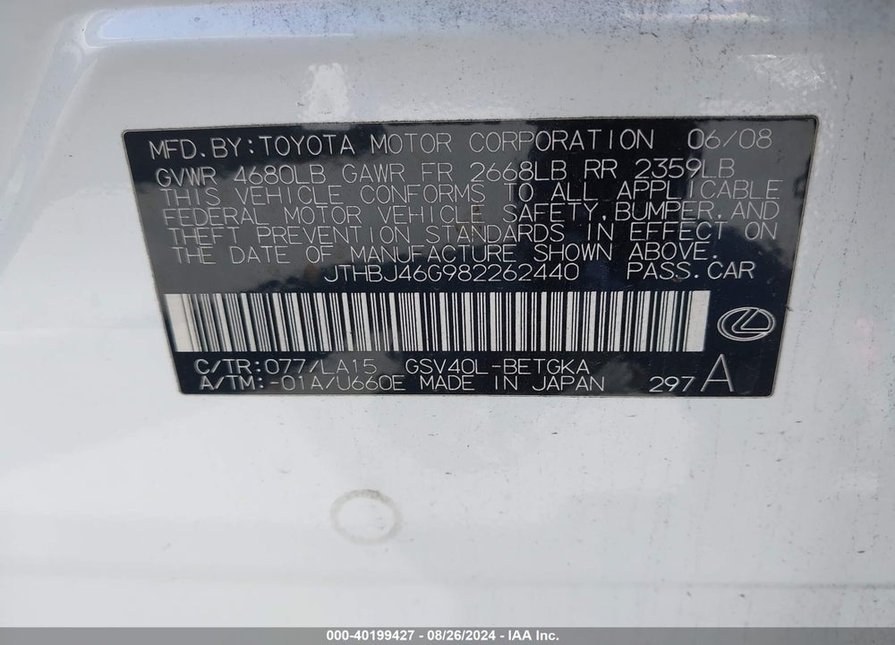 2008 LEXUS ES 350 VIN: JTHBJ46G982262440