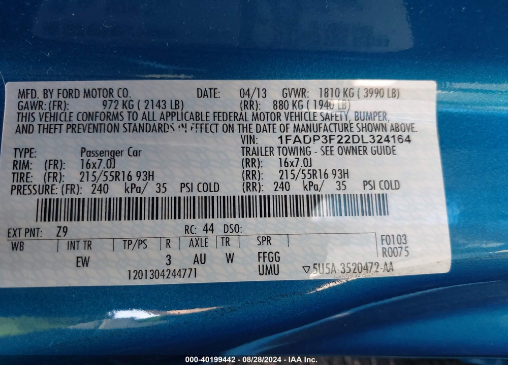 2013 FORD FOCUS SE VIN: 1FADP3F22DL324164