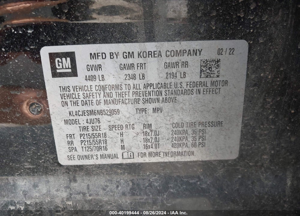2022 BUICK ENCORE AWD PREFERRED VIN: KL4CJESM6NB529059