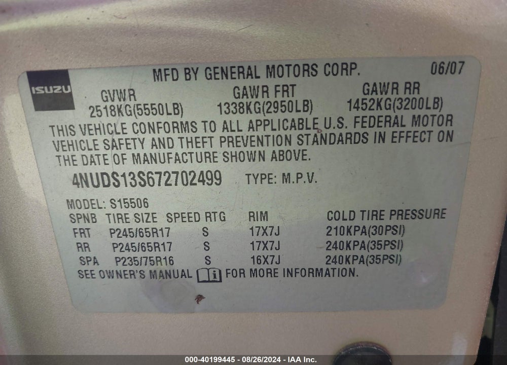 2007 ISUZU ASCENDER S VIN: 4NUDS13S672702499