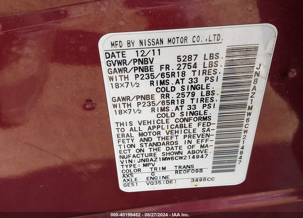 2012 NISSAN MURANO SV VIN: JN8AZ1MW6CW214947