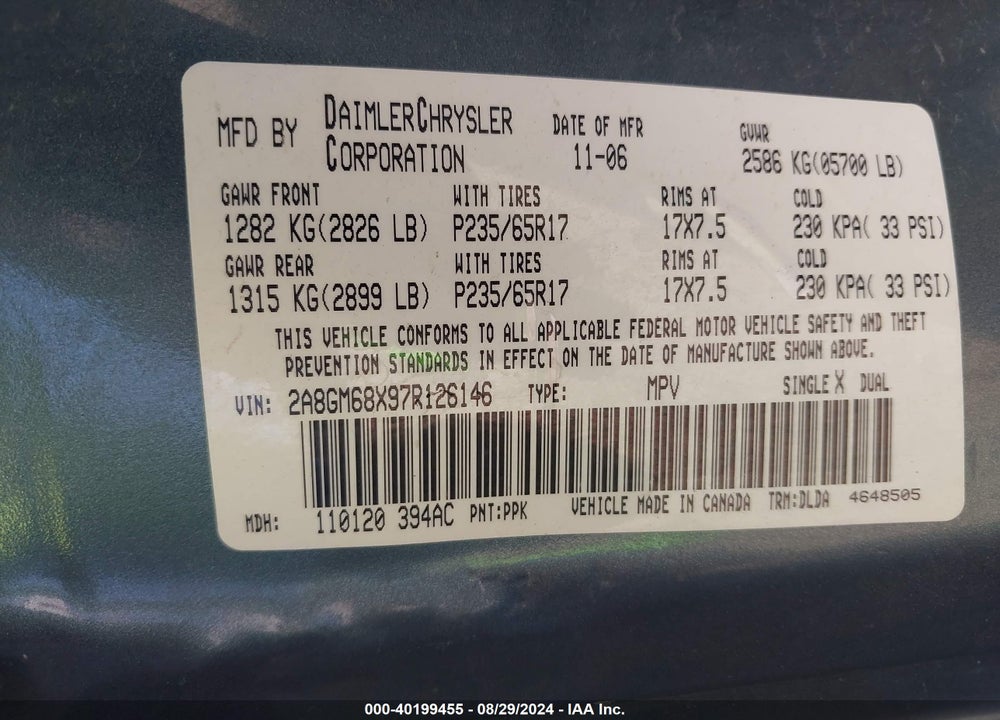 2007 CHRYSLER PACIFICA TOURING VIN: 2A8GM68X97R126146