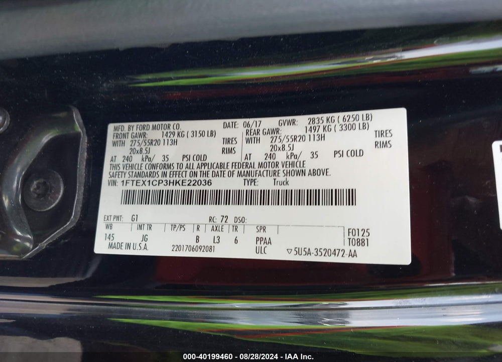 2017 FORD F-150 XL VIN: 1FTEX1CP3HKE22036
