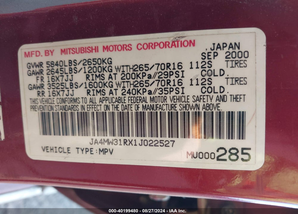2001 MITSUBISHI MONTERO XLS VIN: JA4MW31RX1J022527