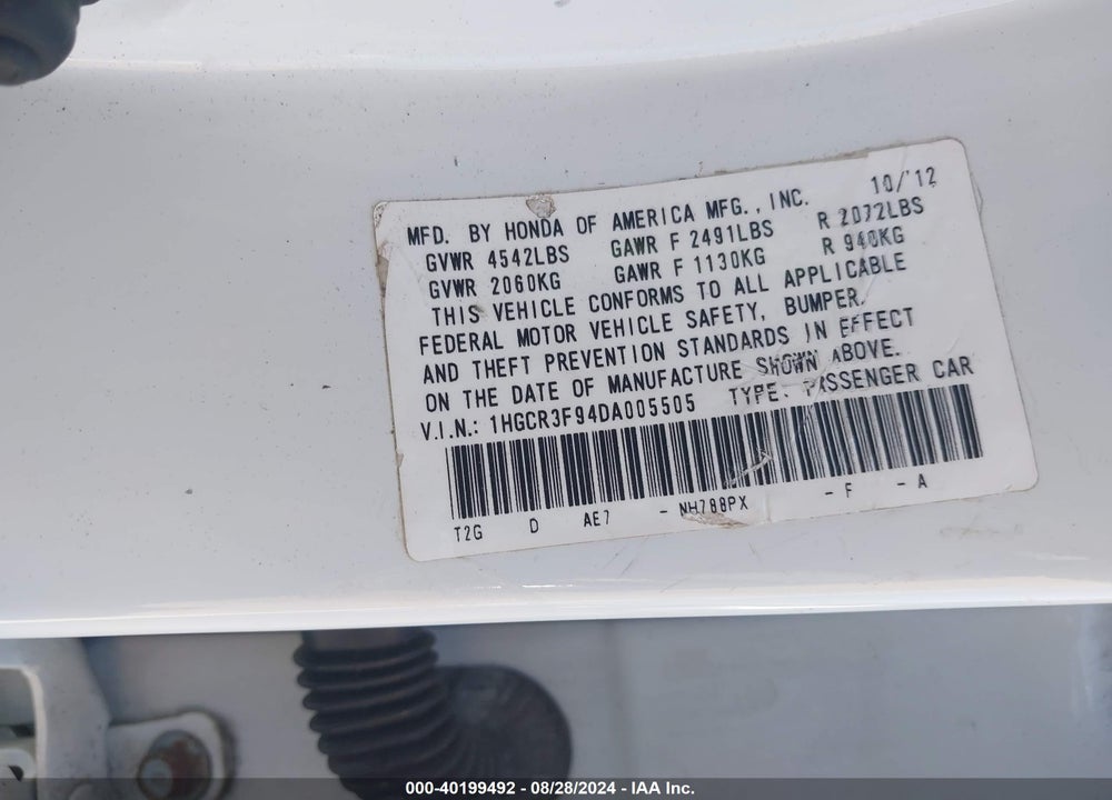 2013 HONDA ACCORD VIN: 1HGCR3F94DA005505