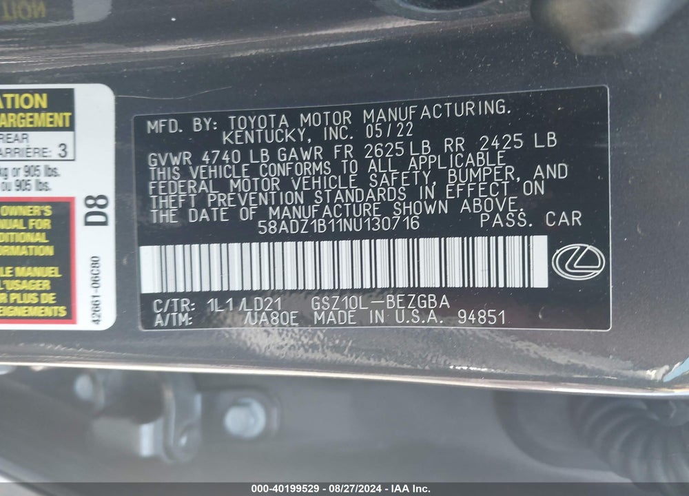 2022 LEXUS ES 350 VIN: 58ADZ1B11NU130716