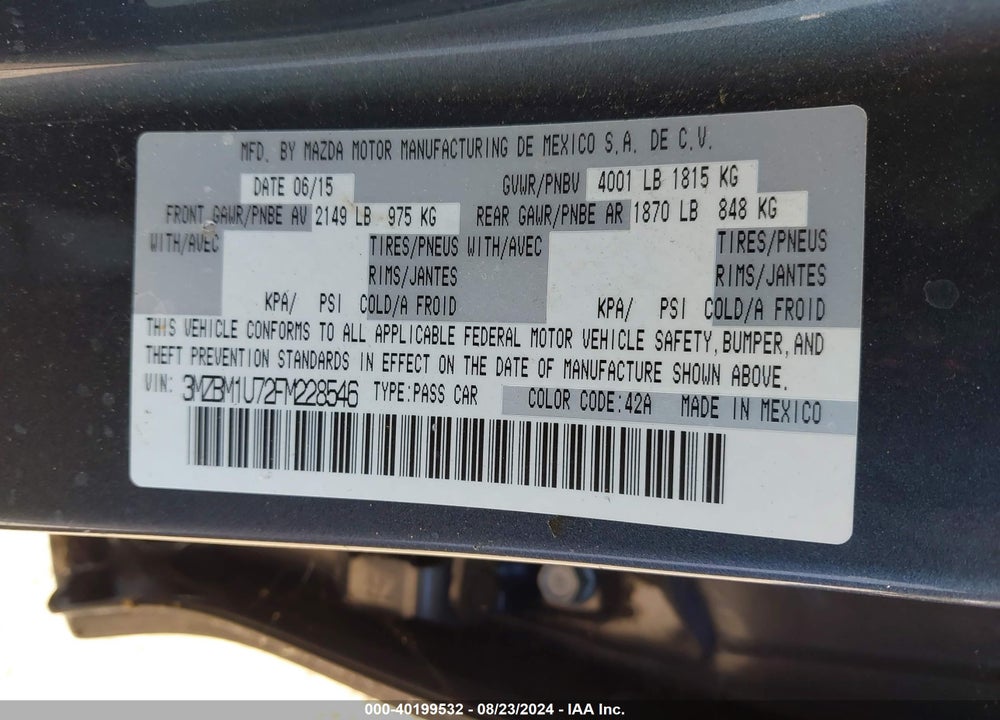 2015 MAZDA 3 I SPORT VIN: 3MZBM1U72FM228546