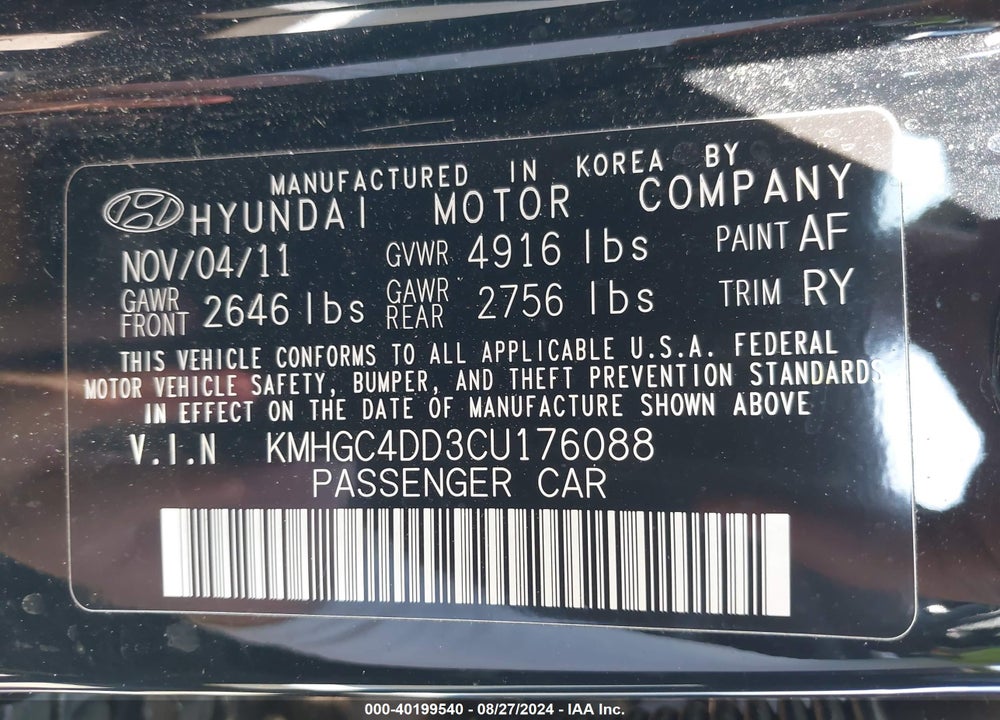 2012 HYUNDAI GENESIS 3.8 VIN: KMHGC4DD3CU176088