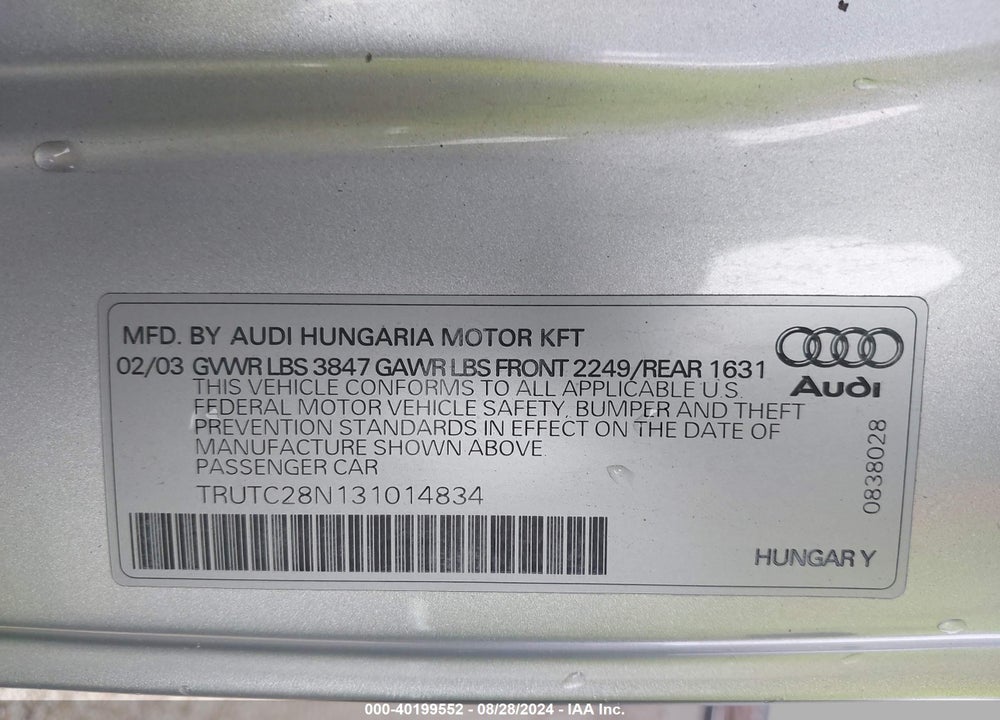 2003 AUDI TT 1.8L VIN: TRUTC28N131014834