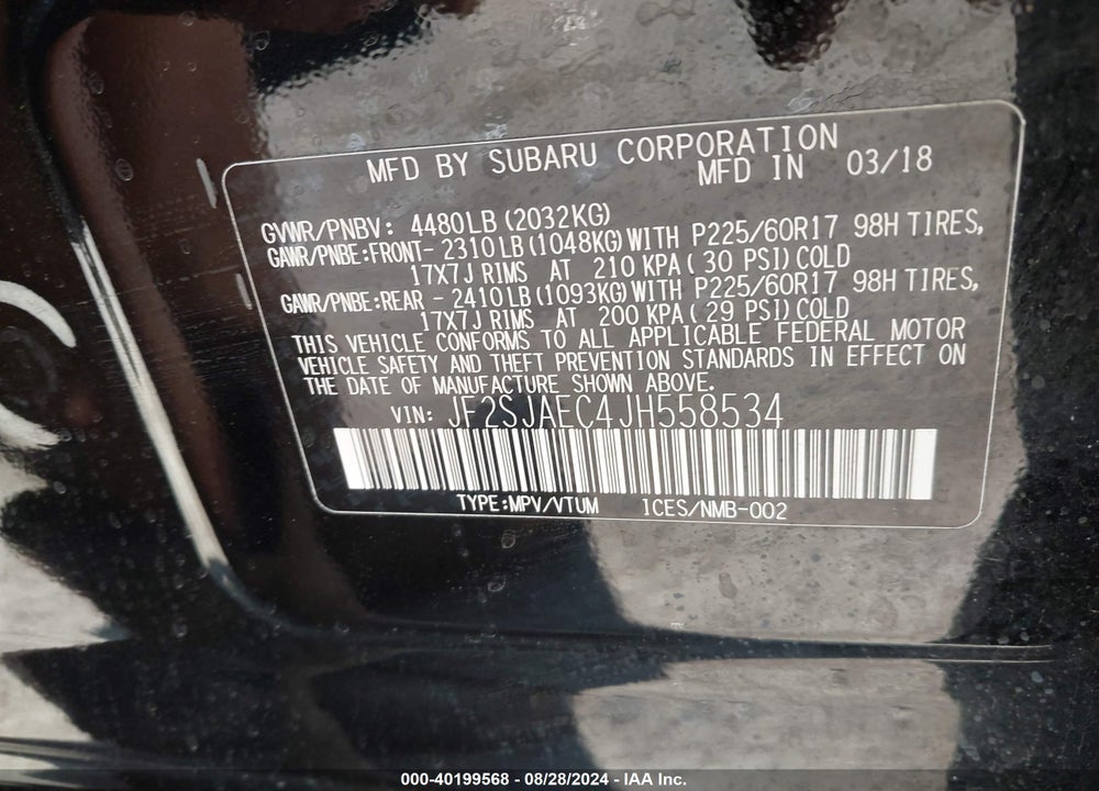 2018 SUBARU FORESTER 2.5I PREMIUM VIN: JF2SJAEC4JH558534