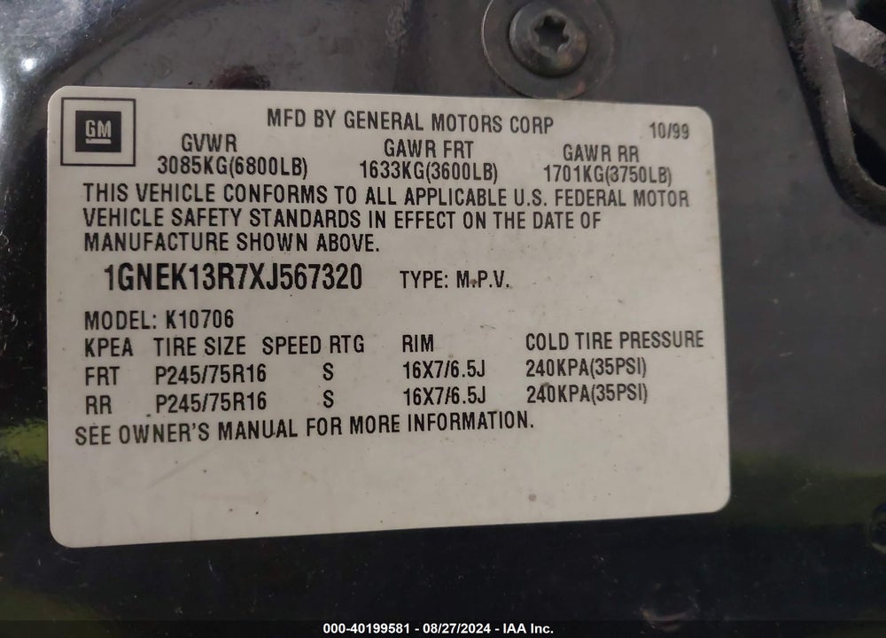 1999 CHEVROLET TAHOE LS VIN: 1GNEK13R7XJ567320