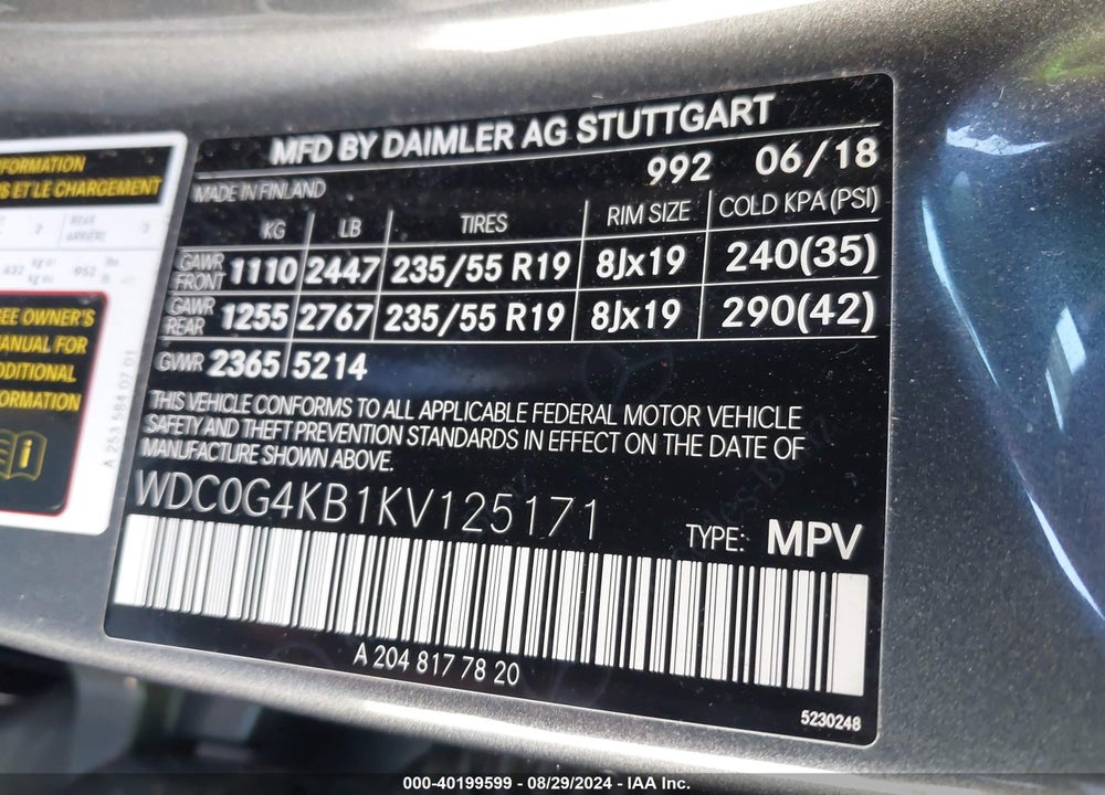 2019 MERCEDES-BENZ GLC 300 4MATIC VIN: WDC0G4KB1KV125171