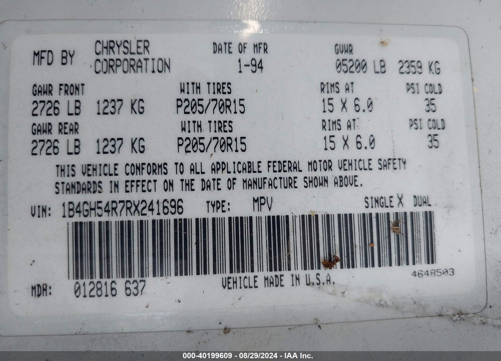 1994 DODGE GRAND CARAVAN LE/ES VIN: 1B4GH54R7RX241696