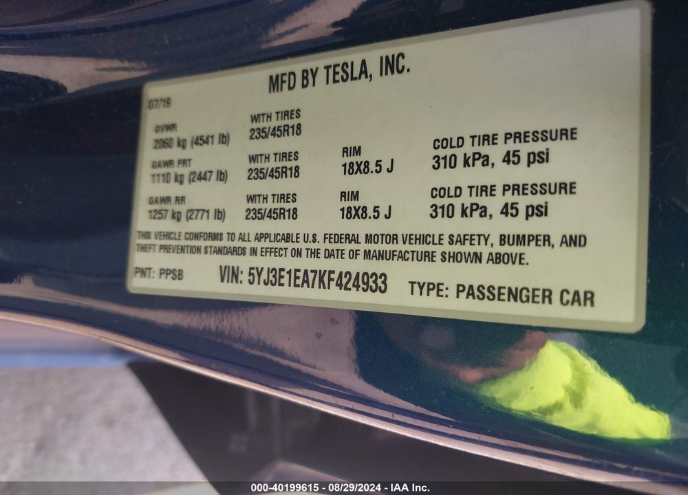 2019 TESLA MODEL 3 LONG RANGE/MID RANGE/STANDARD RANGE/STANDARD RANGE PLUS VIN: 5YJ3E1EA7KF424933