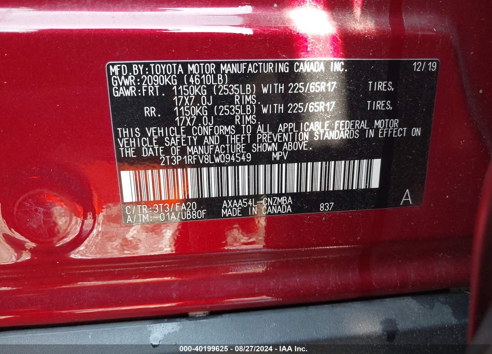 2020 TOYOTA RAV4 XLE VIN: 2T3P1RFV8LW094549