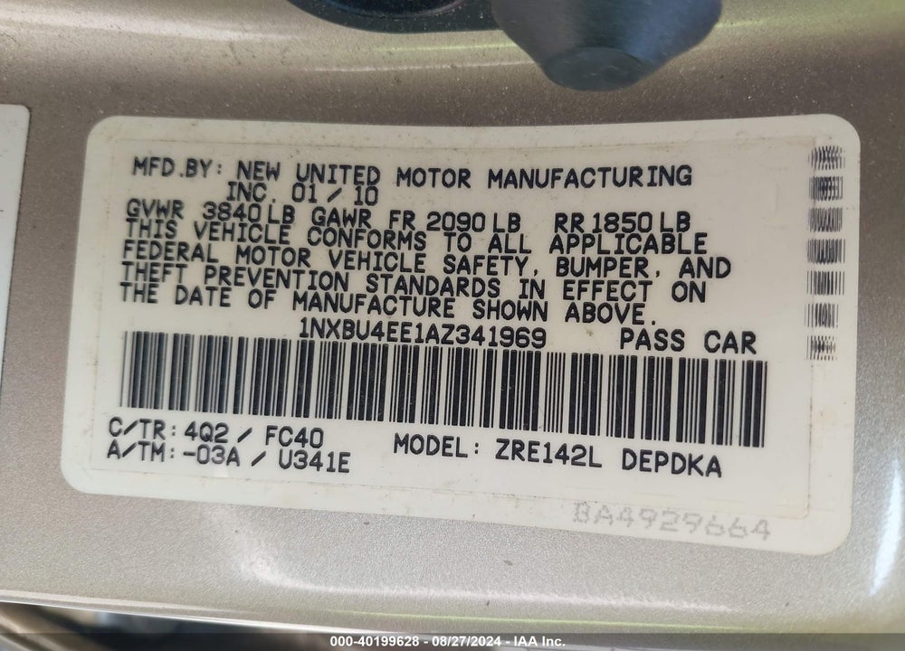 2010 TOYOTA COROLLA LE VIN: 1NXBU4EE1AZ341969