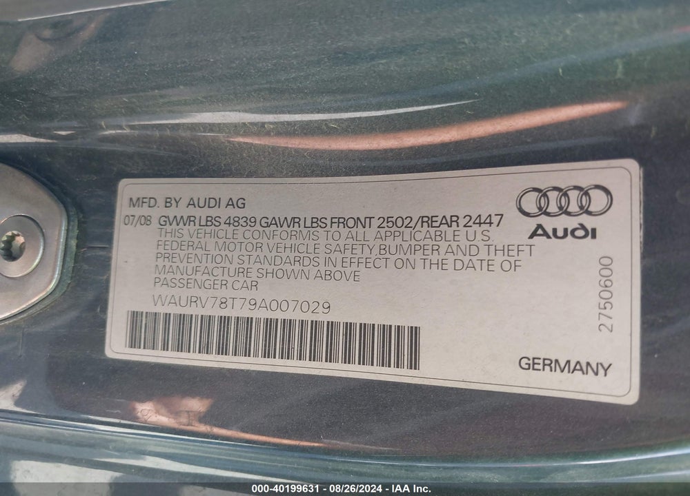 2009 AUDI S5 4.2L VIN: WAURV78T79A007029