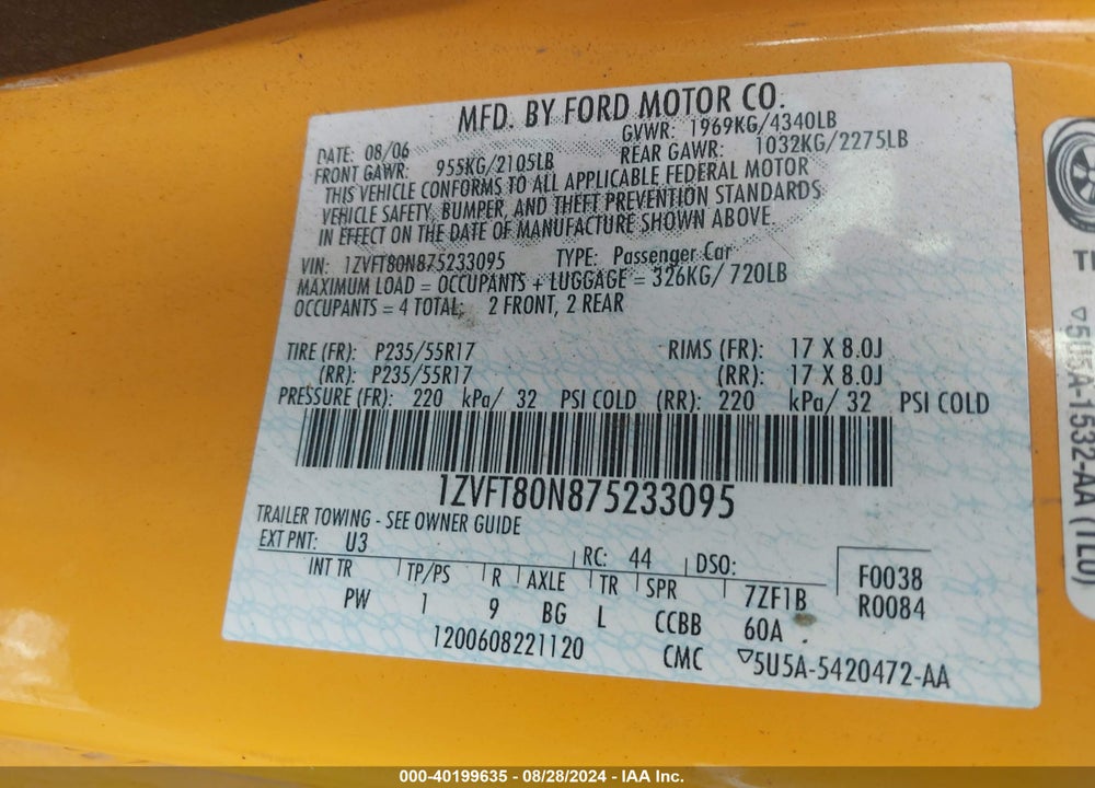 2007 FORD MUSTANG V6 DELUXE/V6 PREMIUM VIN: 1ZVFT80N875233095