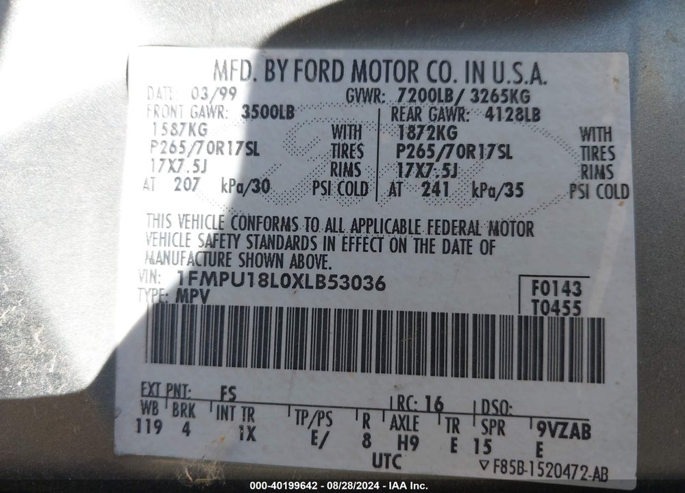 1999 FORD EXPEDITION VIN: 1FMPU18L0XLB53036