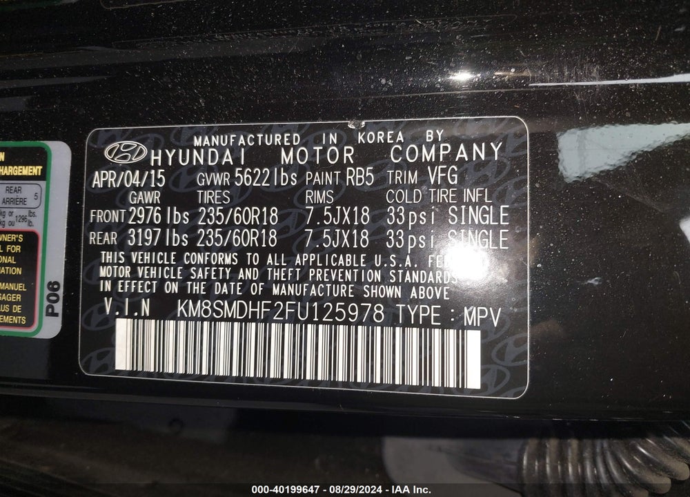 2015 HYUNDAI SANTA FE GLS VIN: KM8SMDHF2FU125978