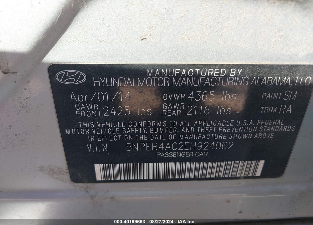 2014 HYUNDAI SONATA GLS VIN: 5NPEB4AC2EH924062